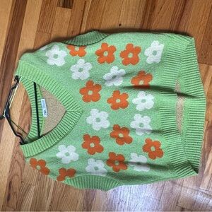 Zara Green and Orange V-Neck Sweater with Floral Design